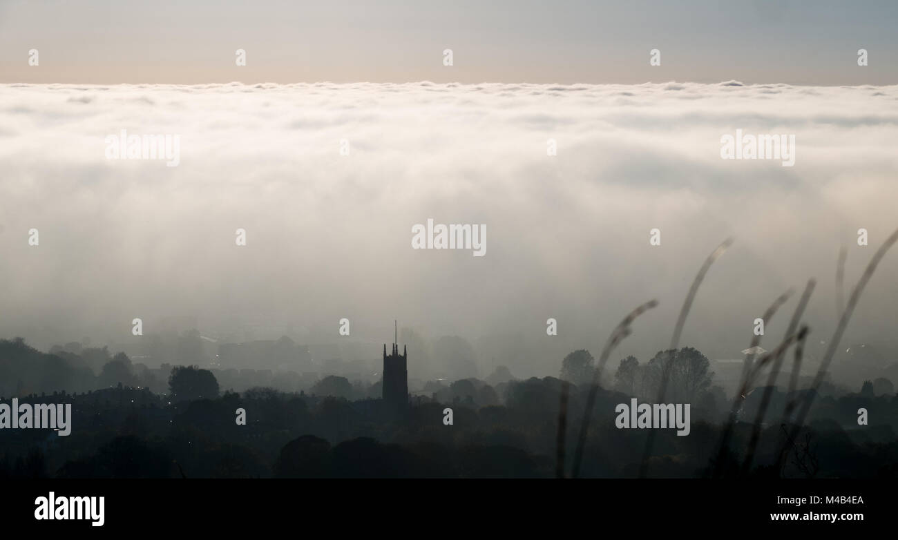 Looking down towards horwich parish church on a cold late autumn day