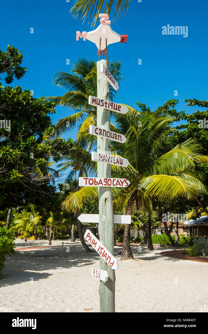 Grenadines signpost on Palm island,Grenadines islands,St. Vincent and the Grenadines,Caribbean Stock Photo