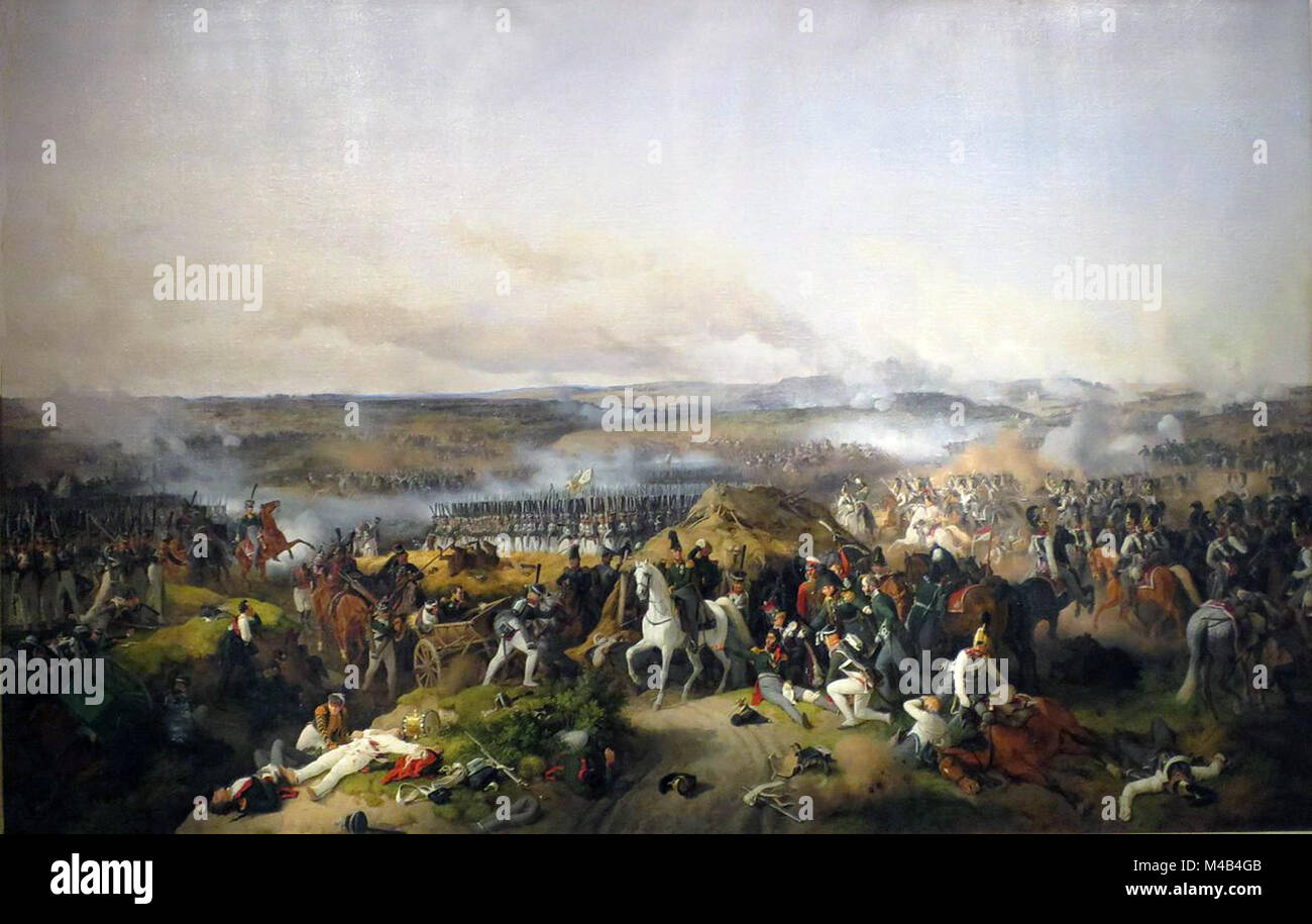 Battle of Borodino painted by Peter von Hess, 1843. In the center it shows Bagration after being wounded. The Battle of Borodino was a battle fought on 7 September 1812 in the Napoleonic Wars during the French invasion of Russia. It was fought between the armies of Napoleon, Mikhail Kutuzov, Pyotr Bagration and Michael Andreas Barclay de Tolly. Stock Photo