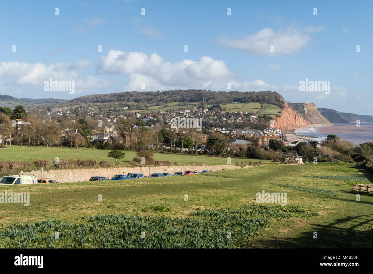 View of Sidmouth from the South West Coastal Path descending from Peak Hill, Sidmouth,Devon Stock Photo