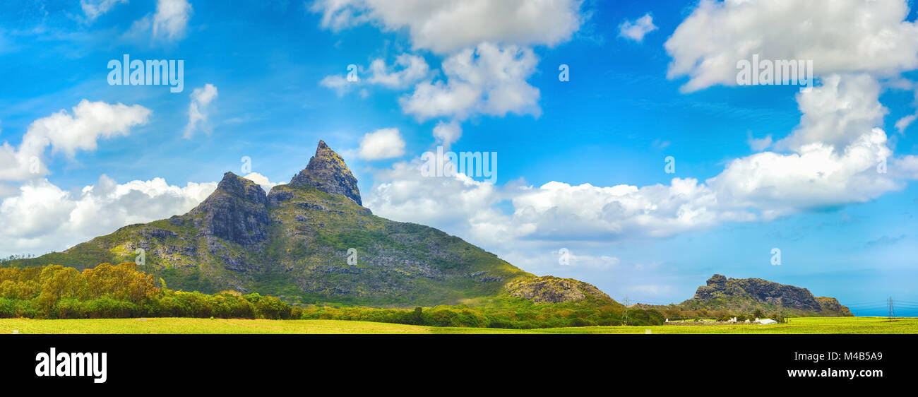 View of a lake and mountains. Mauritius. Panorama Stock Photo
