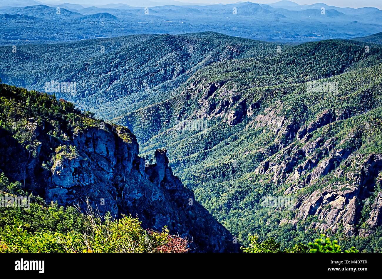 Hawksbill Mountain at Linville gorge with Table Rock Mountain landscapes Stock Photo