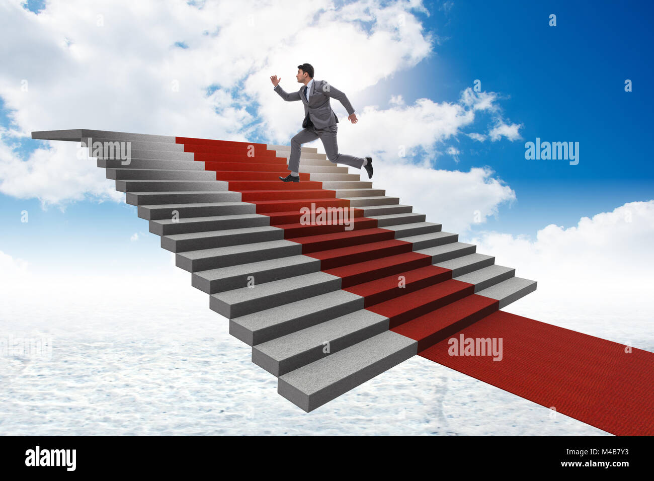 Young businessman climbing stairs and red carpet into sky Stock Photo ...