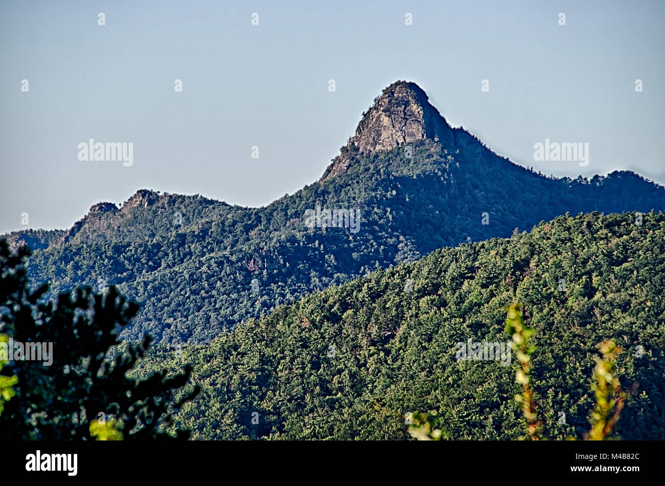 Hawksbill Mountain at Linville gorge with Table Rock Mountain landscapes Stock Photo