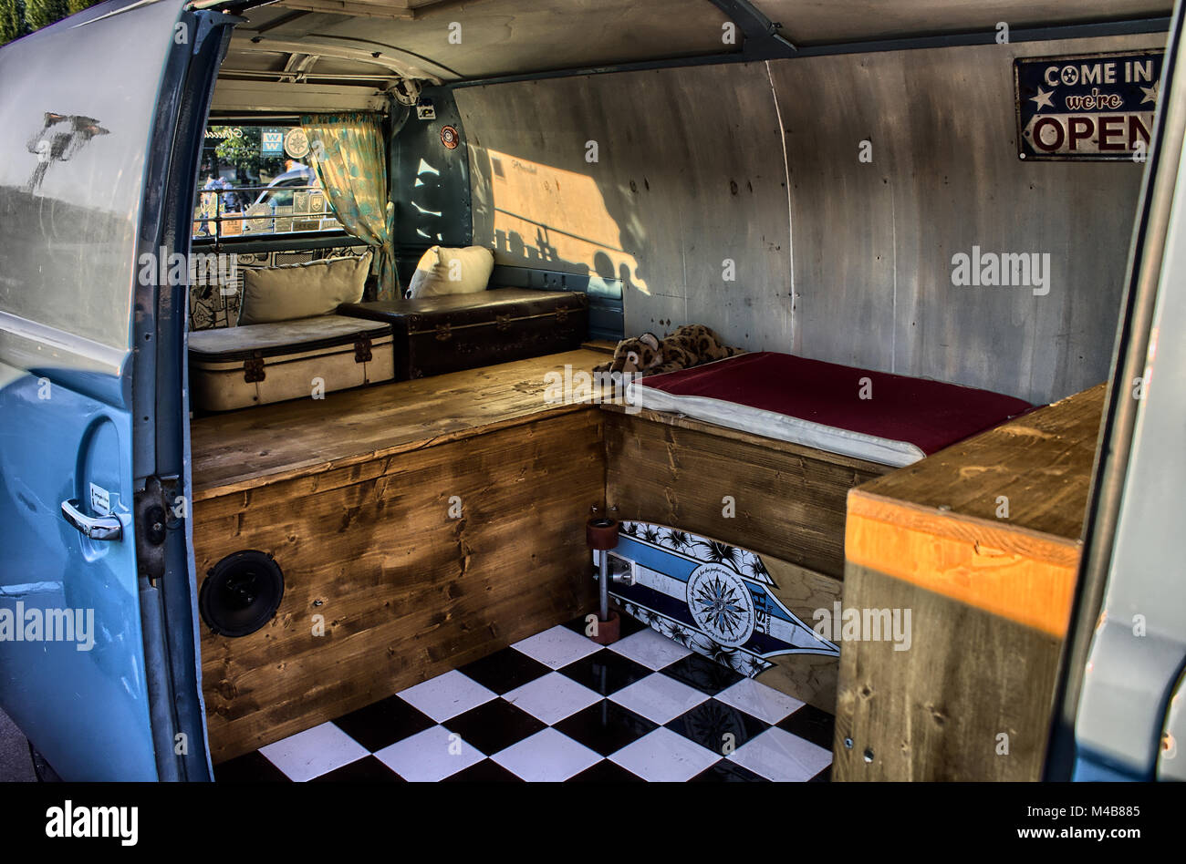 interior of a restored volkswagen minibus Stock Photo