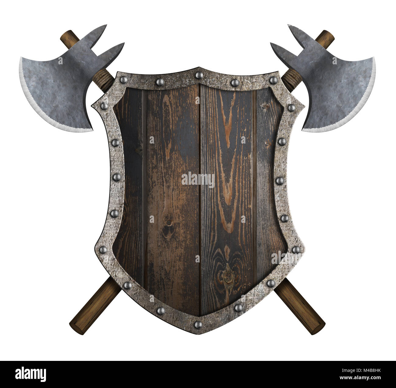 Wooden medieval shield with crossed axes 3d illustration Stock Photo