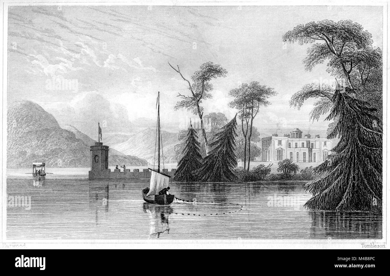 An engraving of Lake Windermere scanned at high resolution from a book