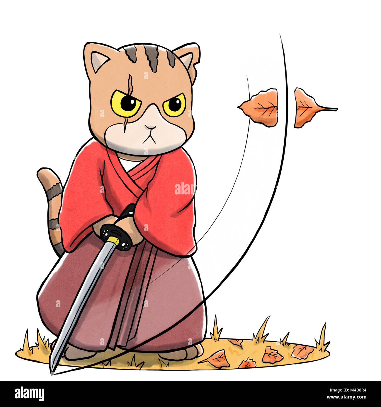 Poster Anime de Gato Samurai do Estilo Japonês Kawaii