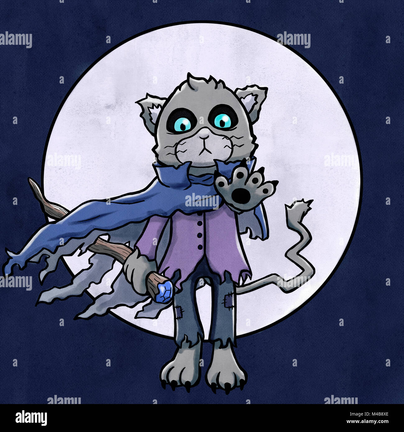 Sinister sorcerer cat flying with moon in background Stock Photo