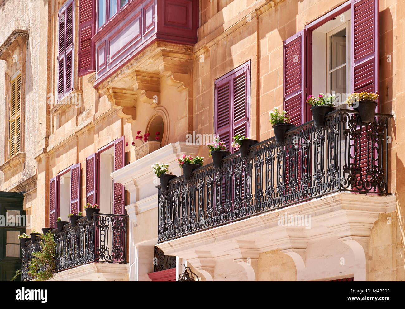 A view of traditional Maltese style balconies in Mdina. Malta Stock