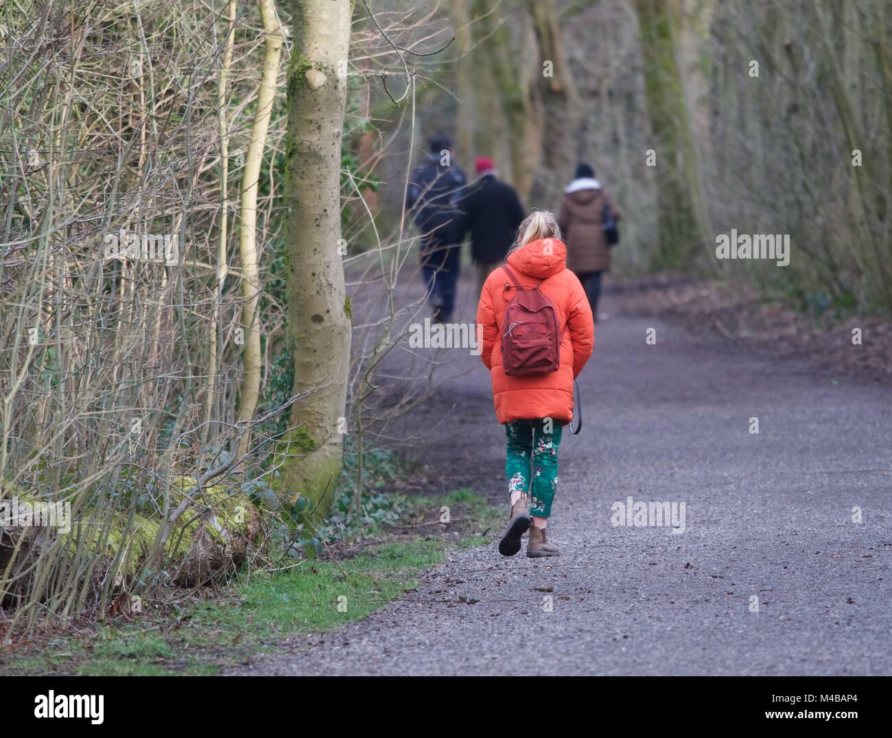 Walkers on the Sett Valley Trail at Birch Vale between New Mills and Hayfield,  Derbyshire Stock Photo