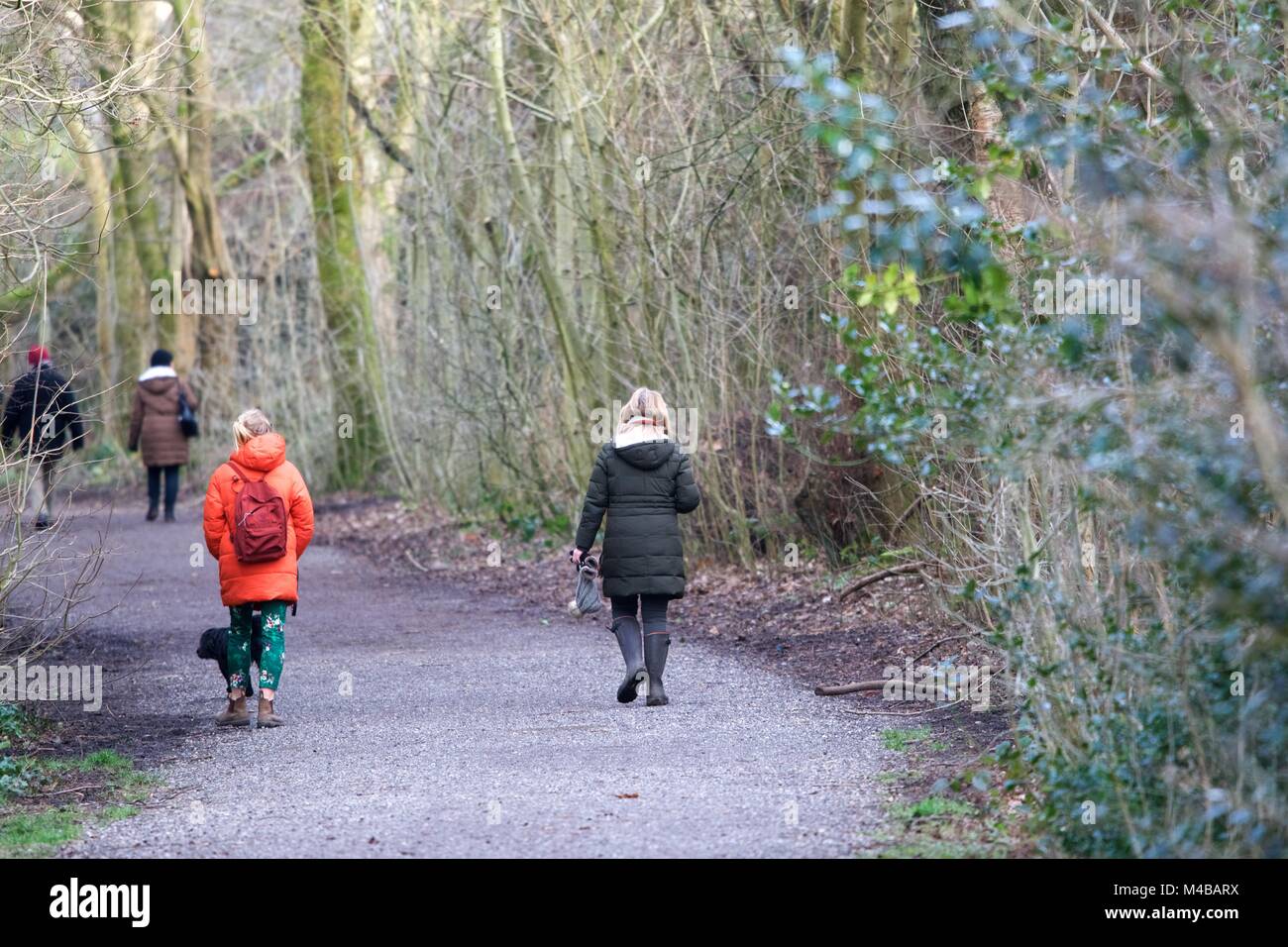 Walkers on the Sett Valley Trail at Birch Vale between New Mills and Hayfield,  Derbyshire Stock Photo
