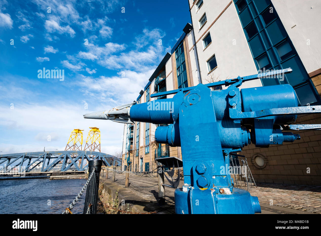 Whalers gun on display on waterside beside Water of Leith river in Leith , Scotland, United kingdom Stock Photo