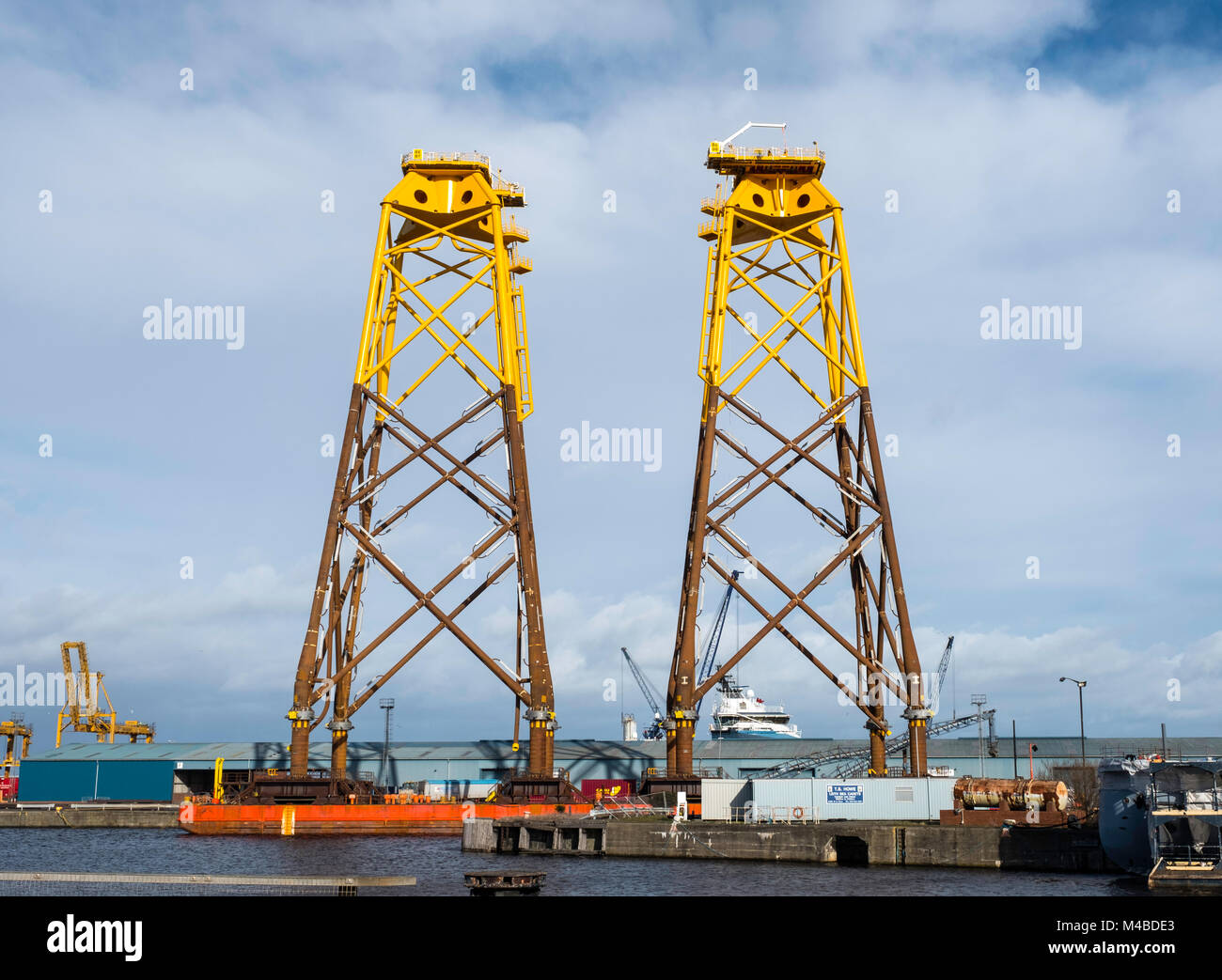 Large sub-sea platforms await delivery to Beatrice offshore wind farm in the North Sea.  They were fabricated by Bifab, Burntisland Fabrications Ltd f Stock Photo