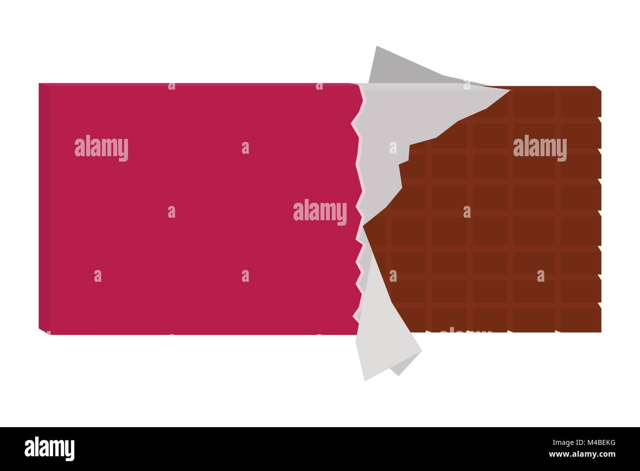 Illustration of opened chocolate bar without a missing bite, vector of chocolate in foil without brand or label/ packaged bar of chocolate/ candy Stock Vector