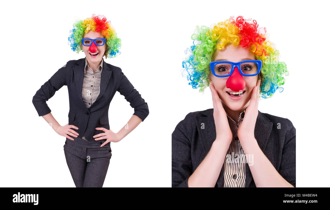 Funny woman clown isolated on the white Stock Photo - Alamy