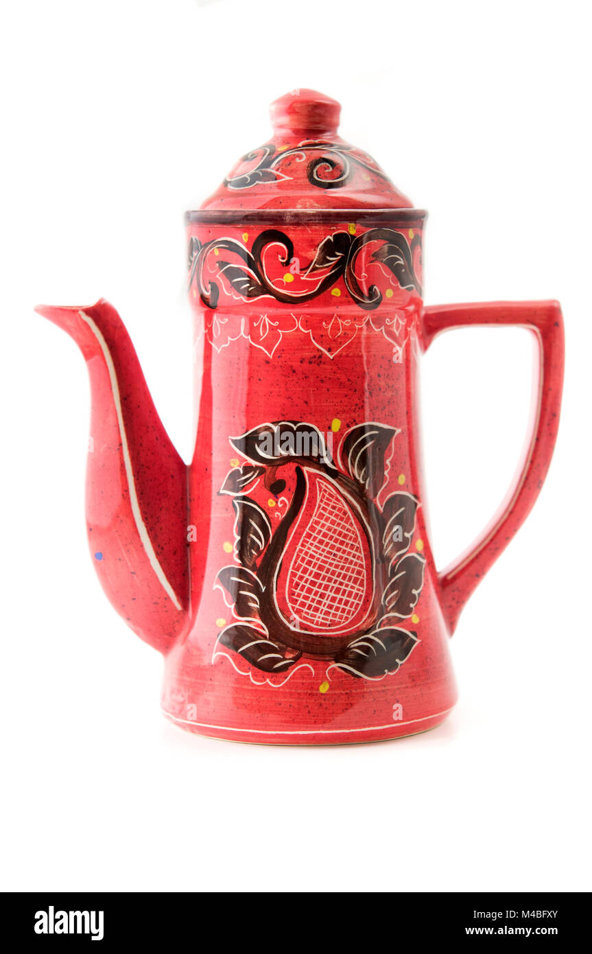 Azeri enamel coffee pot with traditional Buta symbol on a white background Stock Photo