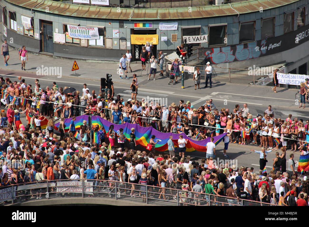 Aerial view of old traffic point Slussen during the Stockholm Pride Parade in August 2014, seen from Katarinahissen. Stock Photo