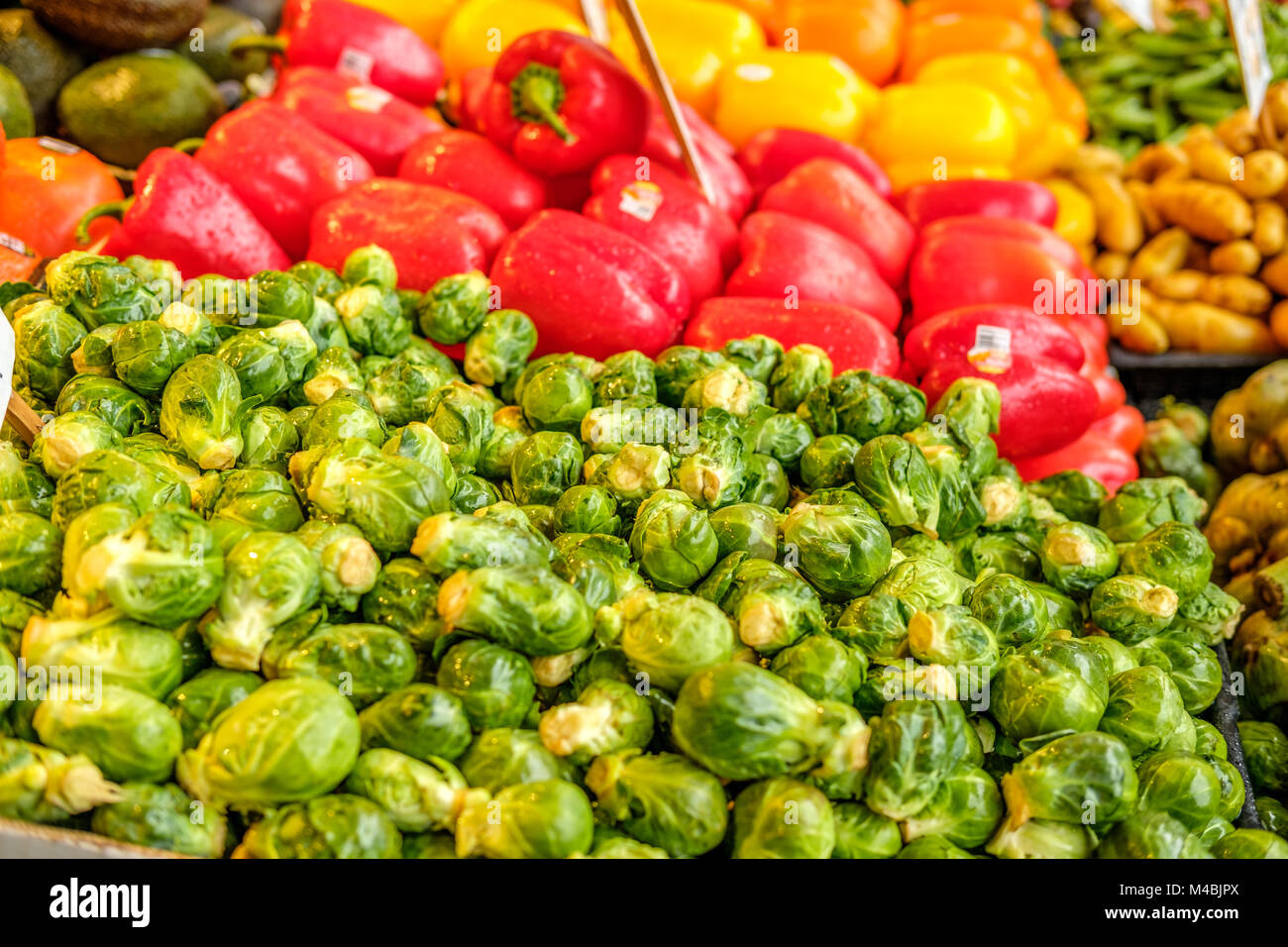 Fresh organic fruits and vegetables at farmers market Stock Photo - Alamy