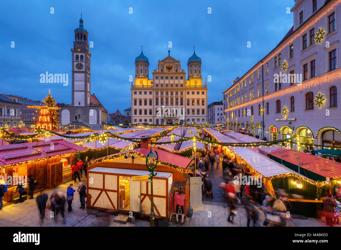 Christmas market,Perlach Tower and Town Hall,Rathausplatz,at dusk