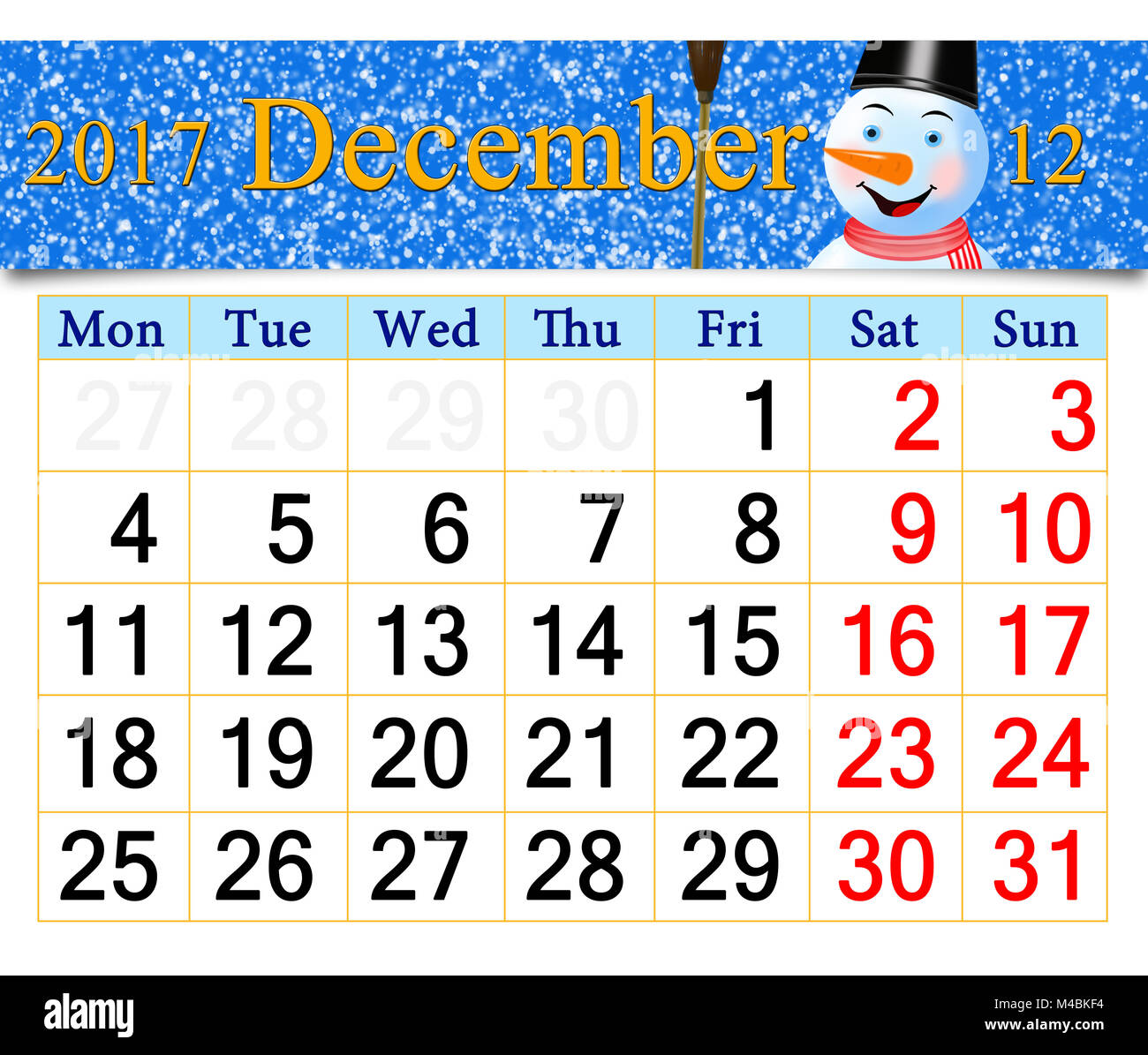 calendar for December 2017 with picture of fabulous snowman Stock Photo