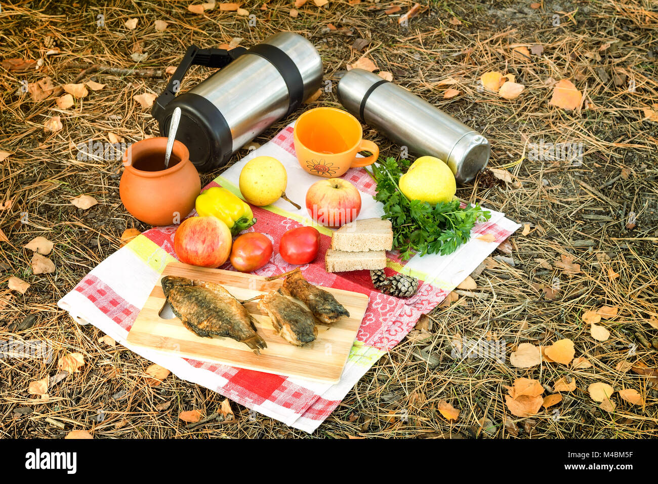 Coffee and food for a picnic in the woods Stock Photo