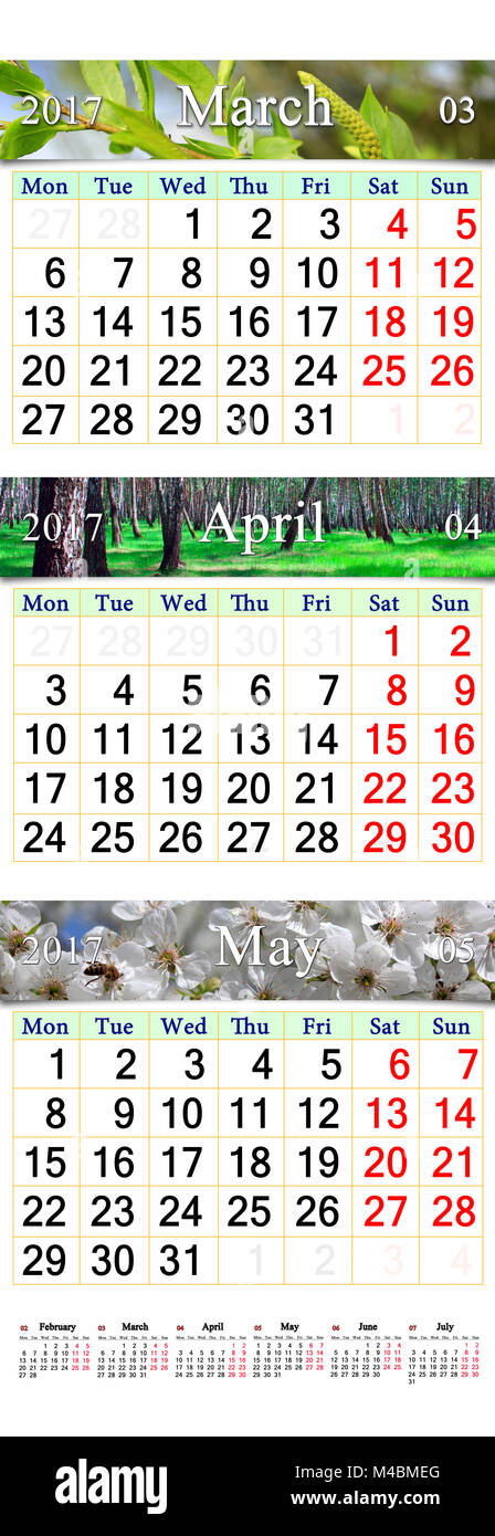 triple calendar for March April and May 2017 with pictures Stock Photo