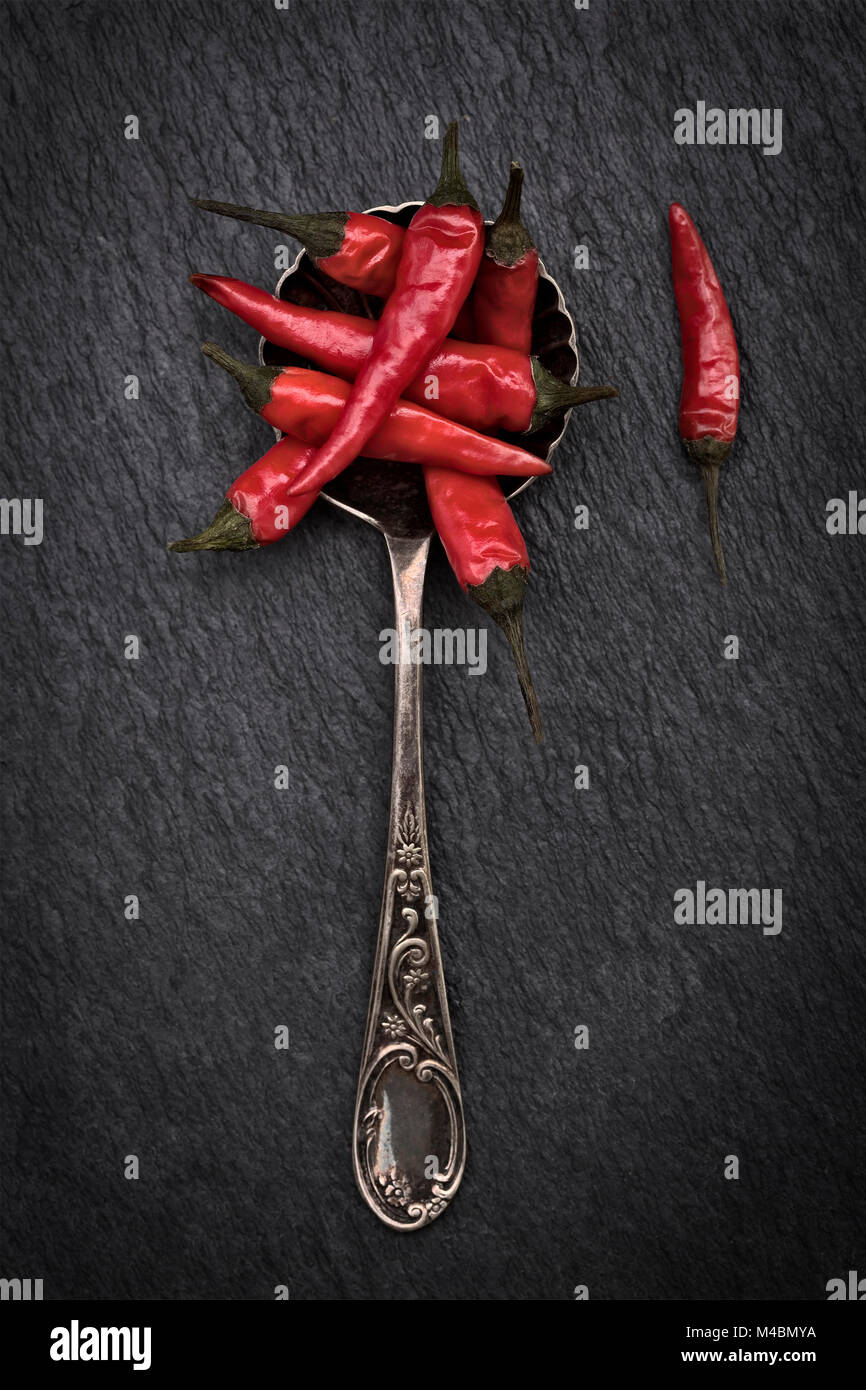 Red and Green Chillies in a spoon on a rustic grey slate background with copy space Stock Photo
