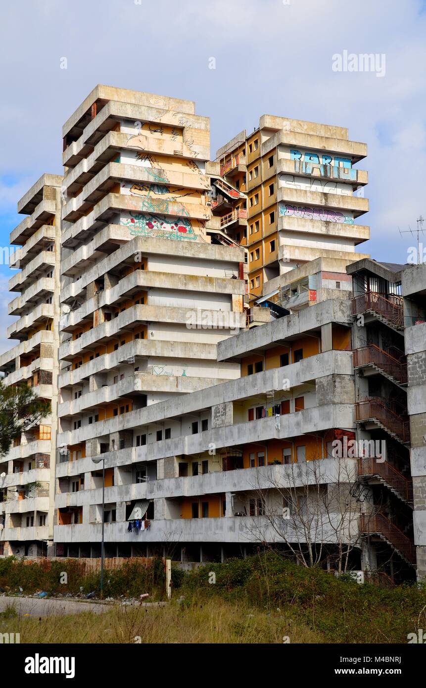 Scampia, the Northern periphery of Naples (Italy), is known for its Vele ('Sails'), a housing complex by Franz di Salvo. It will be destroyed soon. Stock Photo