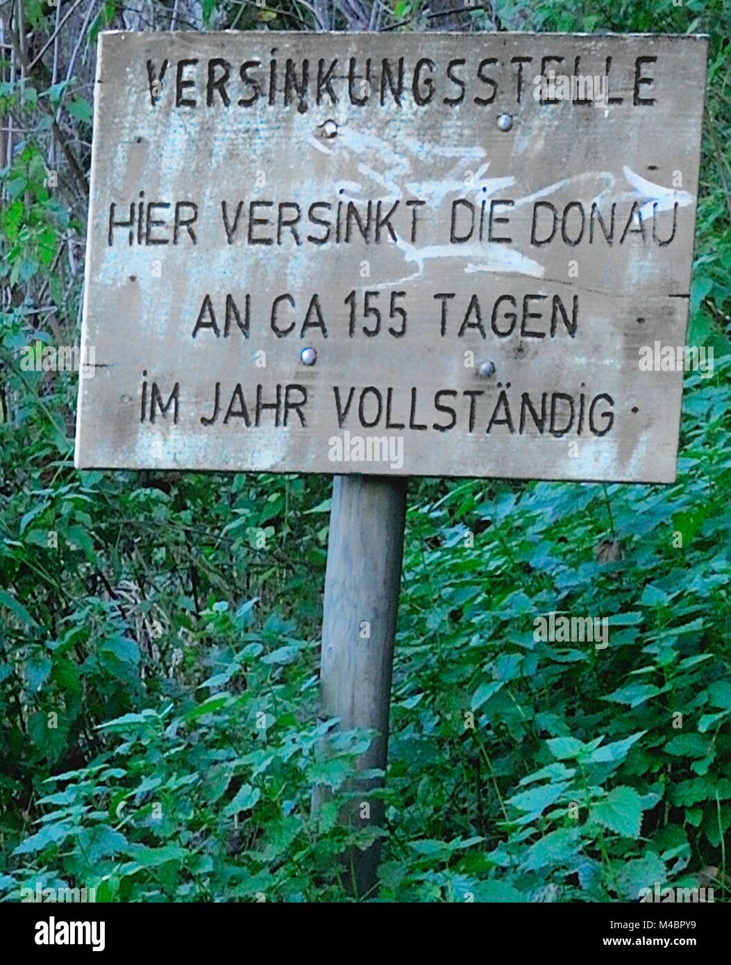 Note sign in Immendingen Sinking point of Danube in Germany Stock Photo