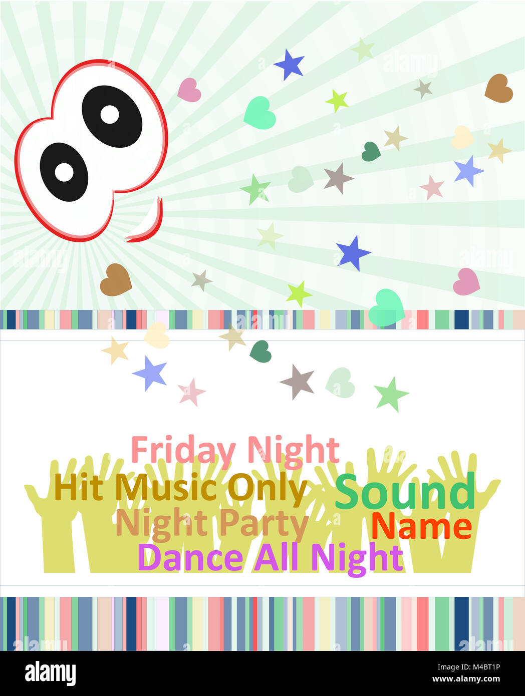 Vertical blue music party background with graphic elements and text. Stock Photo