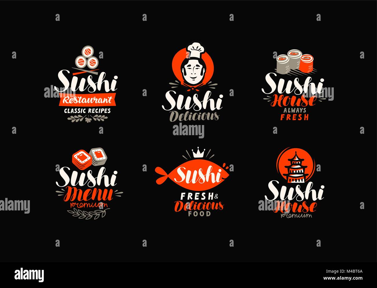 Sushi logo or label. Japanese food, seafood, restaurant typography. Vector illustration Stock Vector