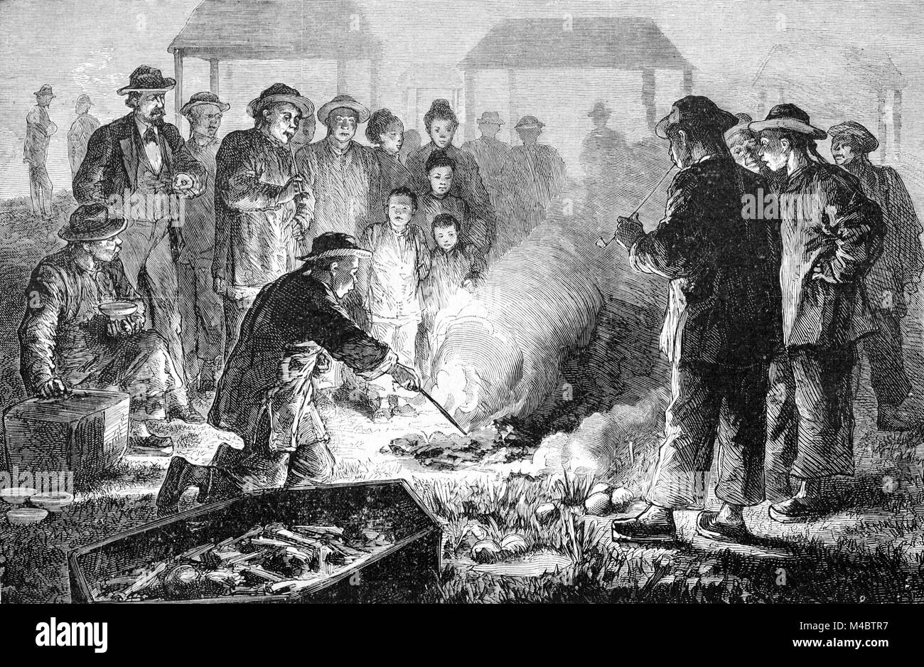 Chinese Funeral or Funeral Rites Among the Chinese Immigrant Community of San Francisco California United States (Engraving, 1880) Stock Photo
