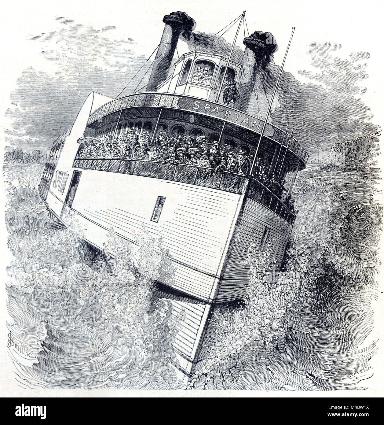 The Passenger Steamer or Steamboat 'Spartan' Navigating Rapids on the Niagara River between Canada and the United States. The Steamboat Cruised the Great Lakes and the Niagara River. (Engraving, 1880) Stock Photo