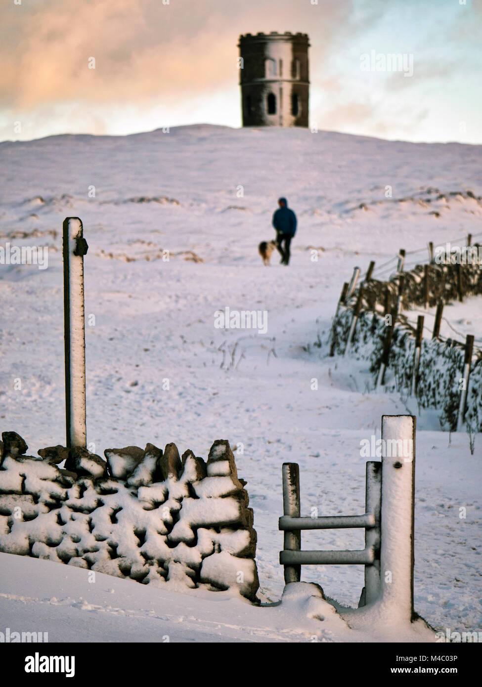 A man walking his dog in the snow near Solomon's Temple also called Grinlow Tower the Victorian Fortified hill marker above the spa town of Buxton in  Stock Photo