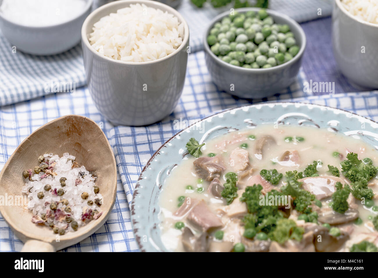 Chicken Fricassee with Mushrooms and Peas Stock Photo Alamy