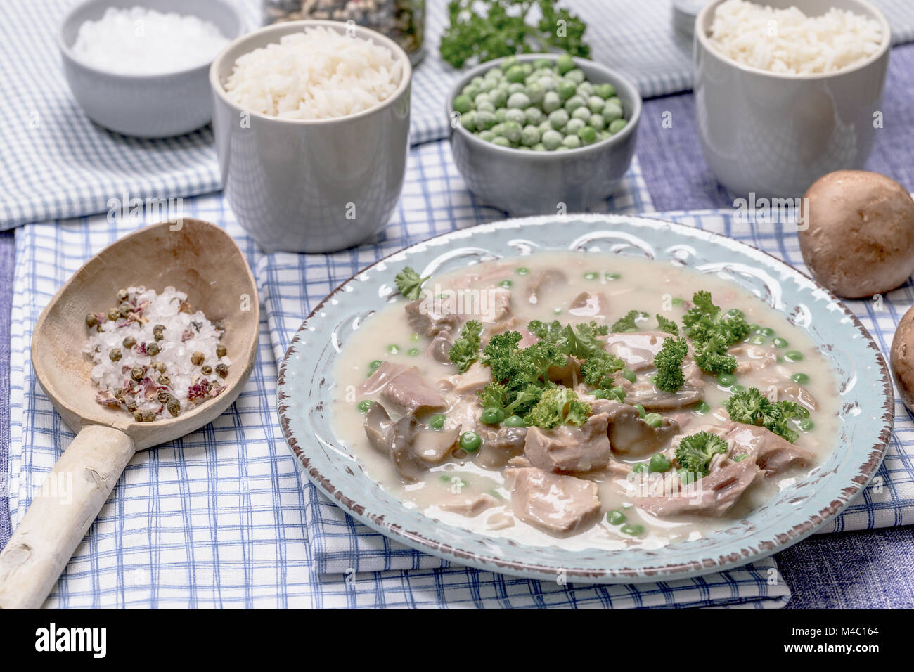 Chicken Fricassee with Mushrooms and Peas Stock Photo Alamy