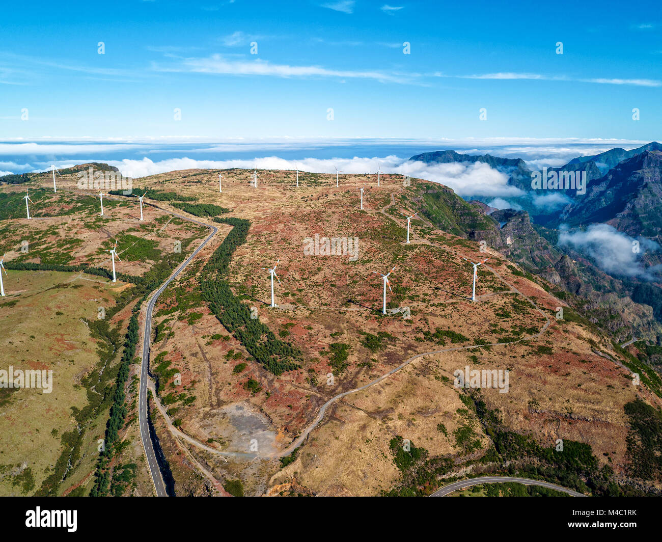 Wind Turbines on the Mountain Madeira Island Stock Photo