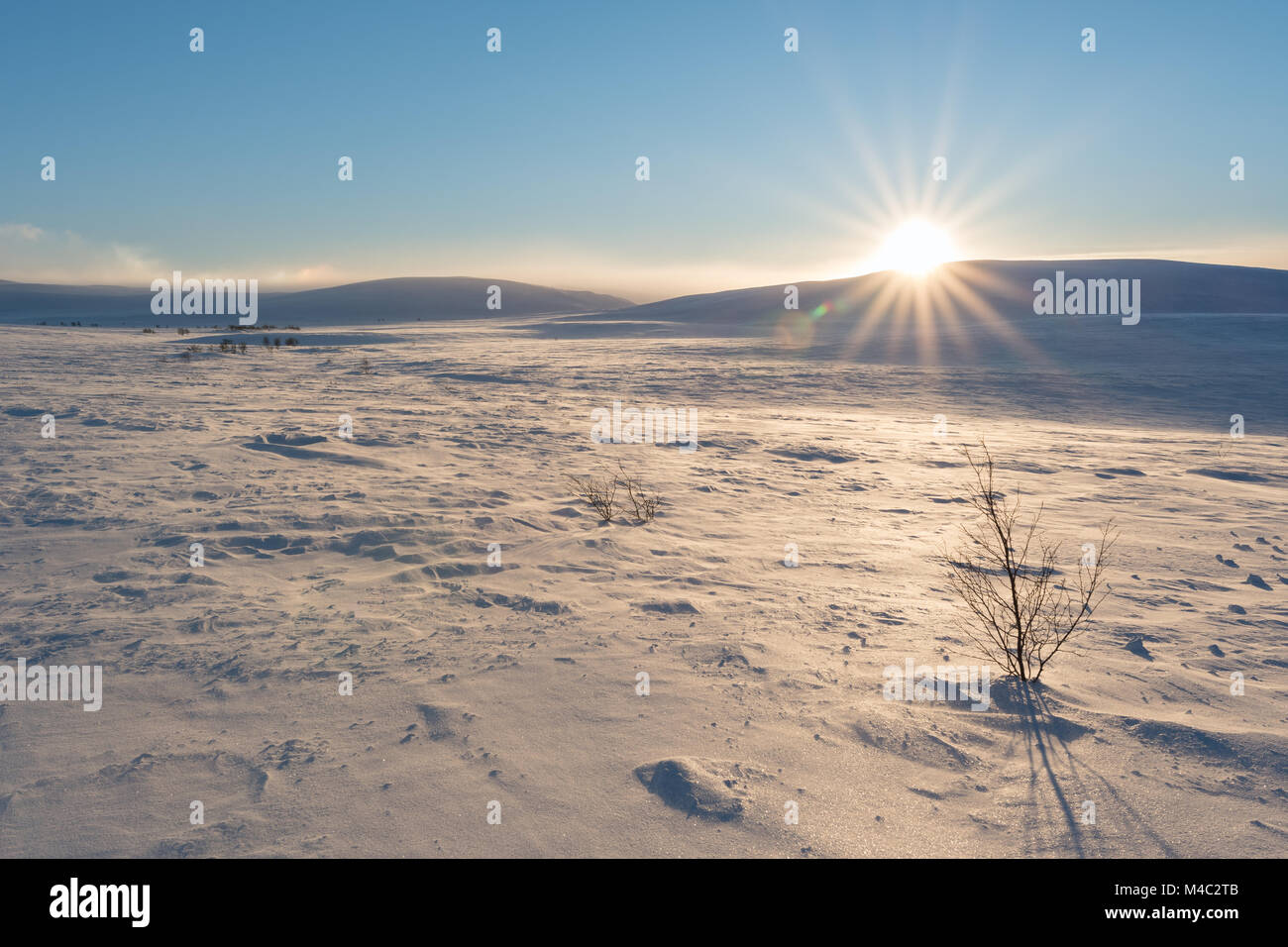 Sunshine at the flat mountain top Finnmarksvidda in Northern Norway Finnmark Stock Photo
