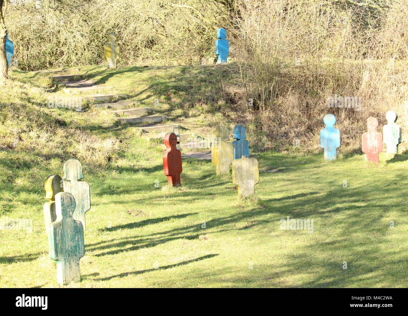 Photograph of Clive Wakeford's environmental artwork entitled - Why? part of the sculpture trail created at Wat Tyler Country Park, Essex Stock Photo
