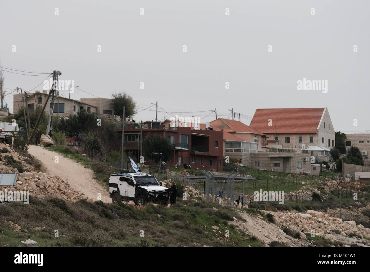 Nativ Ha'avot, Israel. 15th Feb, 2018. View of the illegal Jewish outpost of Nativ Ha'avot on 15 February 2018. The Israeli government attempts to postpone the removal of some of the houses in the outpost despite the Supreme Court ruling after accepting the petition of a group of Palestinians who argued the homes had been partially built illegally on their land. Credit: Eddie Gerald/Alamy Live News Stock Photo