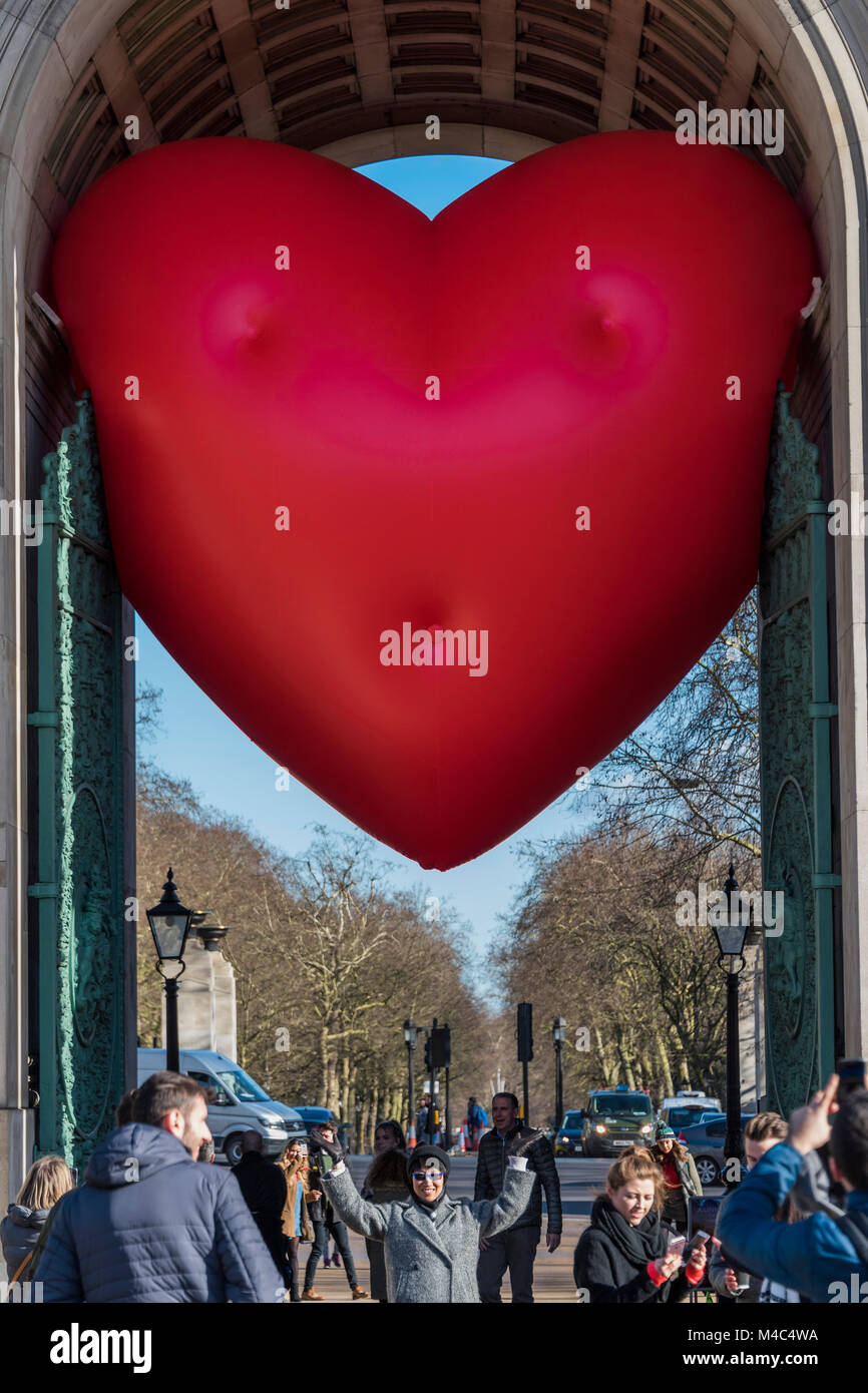 London, UK. 15th Feb, 2018. A Chubby Heart in The Wellington Memorial - Chubby Hearts Over London: a design project conceived by Anya Hindmarch as a love letter to London and supported by the Mayor of London, the British Fashion Council and the City of Westminster. Starting on Valentine's Day and continuing throughout London Fashion Week, giant chubby heart balloons are suspended over (and sometimes squashed within) London landmarks. Credit: Guy Bell/Alamy Live News Stock Photo