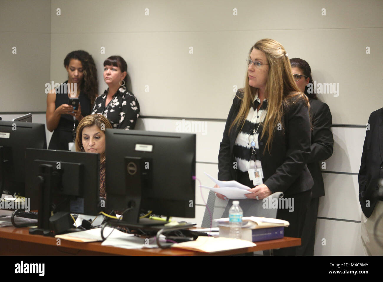 Fort Lauderdale, FL, USA. 15th Feb, 2018. Prosecutor Shari Tate appears in Broward Court as suspected school shooter Nikolas Cruz makes a video appearance before Judge Kim Theresa Mollica. Cruz is facing 17 charges of premeditated murder in the mass shooting at Marjory Stoneman Douglas High School in Parkland Credit: Sun-Sentinel/ZUMA Wire/Alamy Live News Stock Photo