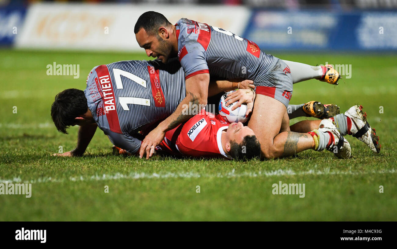 Hull, UK. 15th Feb, 2018. Hull KR’s Danny McGuire gets tackled by Catalan Dragons' Jason Baitieri and Paul Aiton  during the Betfred Super League game between Hull KR and Catalans Dragons on Thursday 15th Feb 2018 at the KCOM Craven Park Credit: News Images/Alamy Live News Stock Photo