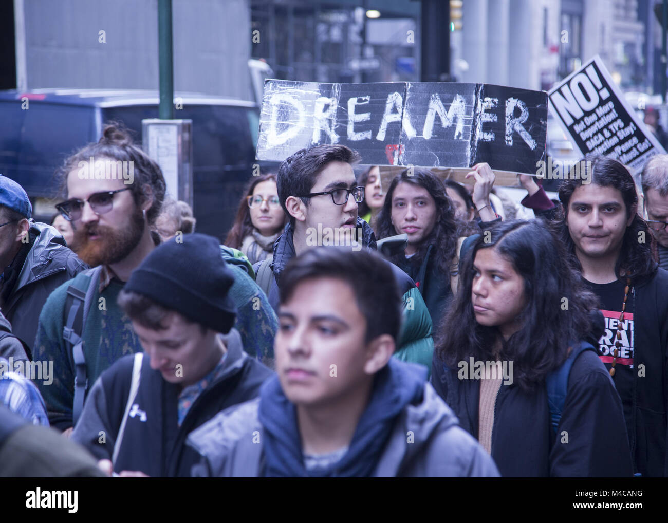 New York, USA. 15th Feb, 2018. Dreamers (DACA recipients) 'A Walk To Stay Home' march begins at Battery Park in NYC headed for Washington, D.C. to publicize their plight  and have congress do the right thing and give these young people permanent residence & a path to citizenship in the USA. Credit: David Grossman/Alamy Live News Stock Photo
