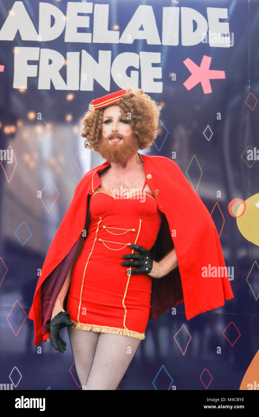 Adelaide, Australia. 16th Feb, 2018. Gingzilla attends the photocall to officially open the Adelaide Fringe festival  the world's second-largest annual arts festival which starts on 16 February until  18 March   2018 and features more than 5,000 artists from around Australia and the world Credit: amer ghazzal/Alamy Live News Stock Photo