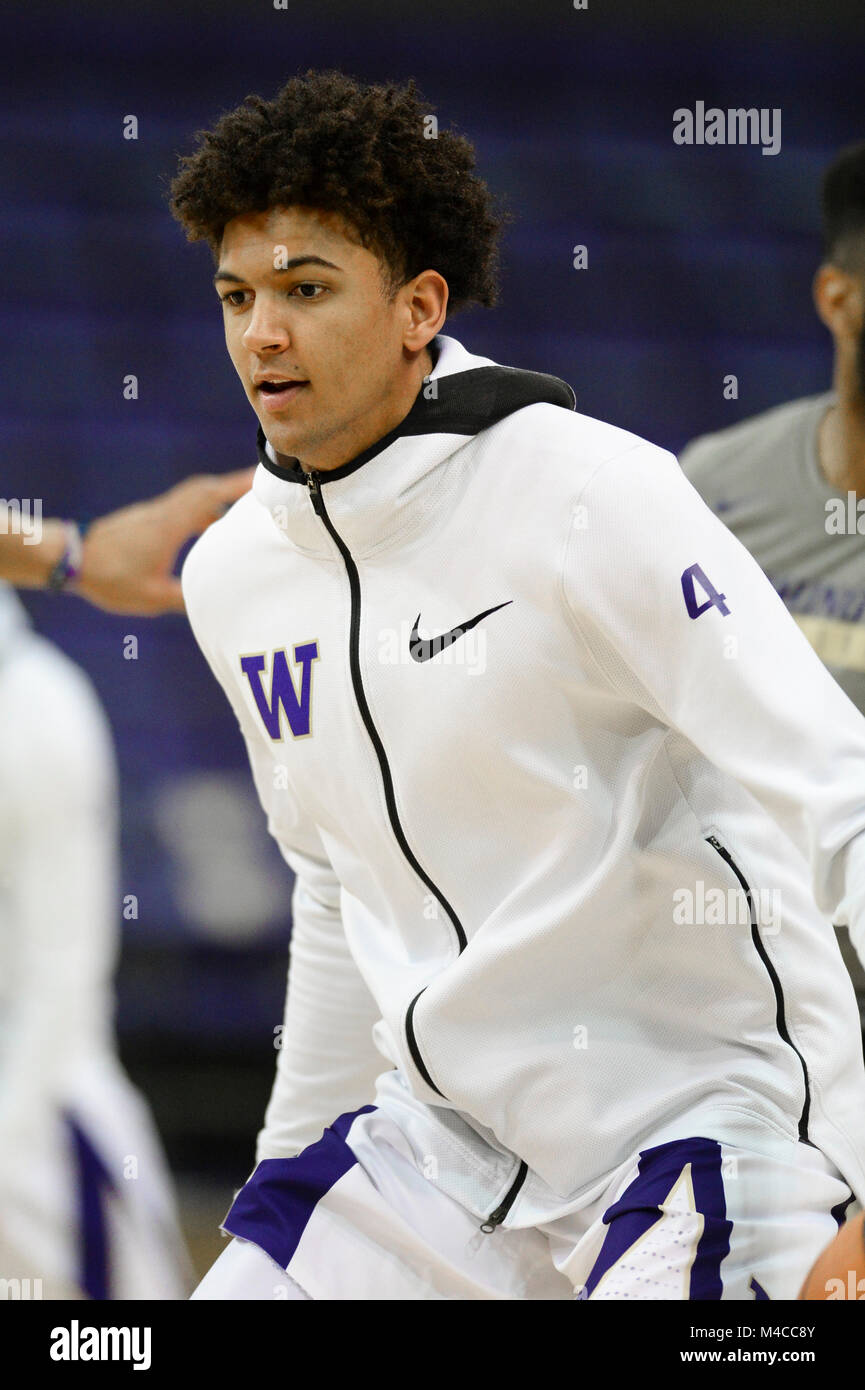 Seattle, WA, USA. 15th Feb, 2018. UW foward Matisse Thybulle (4) warms up befored a PAC12 basketball game between the University of Washington and the University of Utah. The game was played at Hec Ed Pavilion in Seattle, WA. Jeff Halstead/CSM/Alamy Live News Stock Photo