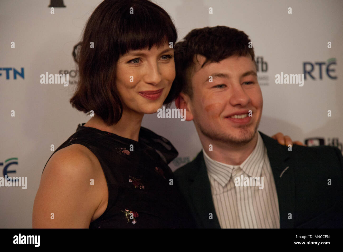 Dublin, Ireland. 15th February, 2018. Barry Keoghan, awarded Best Supporting Actor for the film The Killing of a Sacred Deer with Caitriona Balfe, awarded Best Actress winner for Outlander at the IFTA Film & Drama Awards (The Irish Film & Television Academy) at the Mansion House in Dublin, Ireland, Thursday 15th February 2018. Photographer: Doreen Kennedy Credit: Doreen Kennedy/Alamy Live News Stock Photo