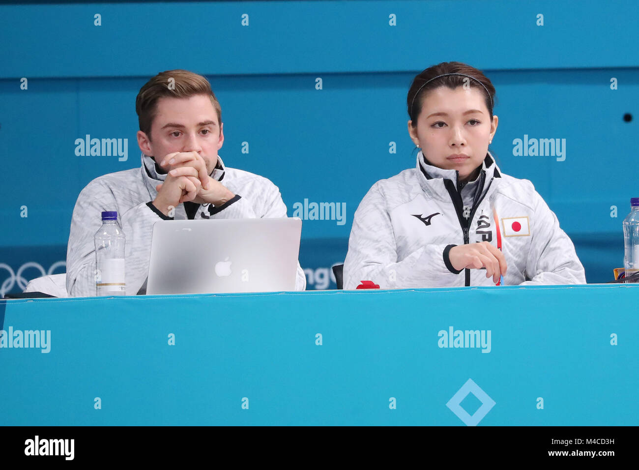 Gangneung, South Korea. 15th Feb, 2018. (L to R) James Lind, Mari Motohashi (JPN) Curling : Women's Round Robin match between South Korea - Japan at Gangneung Curling Centre during the PyeongChang 2018 Olympic Winter Games in Gangneung, South Korea . Credit: YUTAKA/AFLO SPORT/Alamy Live News Stock Photo