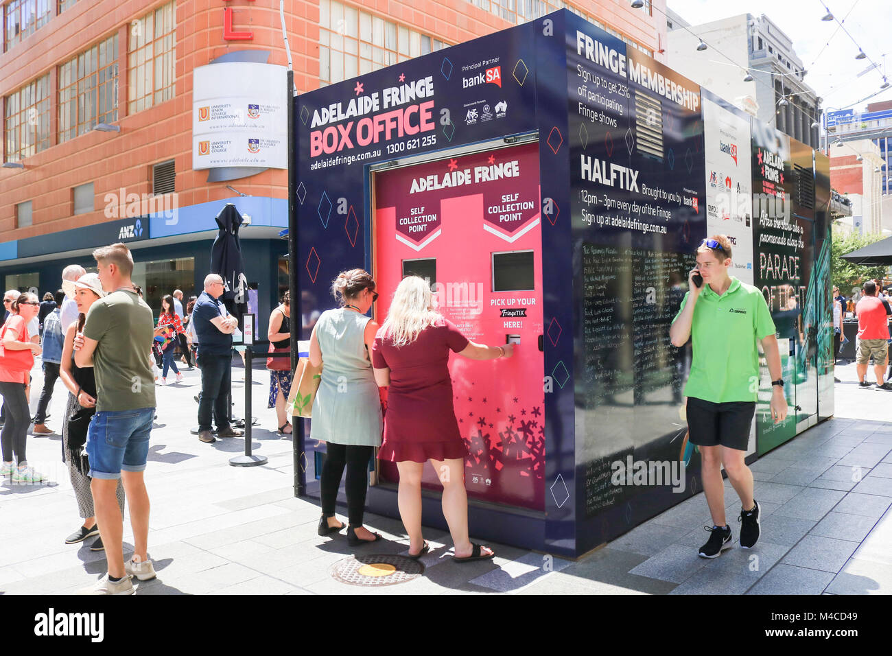 Adelaide, Australia. 16th Feb, 2018. Members of the public queue to purchase tickets from a kiosk on Rundle Mall for  the Adelaide Fringe festival  the world's second-largest annual arts festival which starts on 16 February  and runs until  18 March   2018 which features more than 5,000 artists from around Australia and the world Credit: amer ghazzal/Alamy Live News Stock Photo
